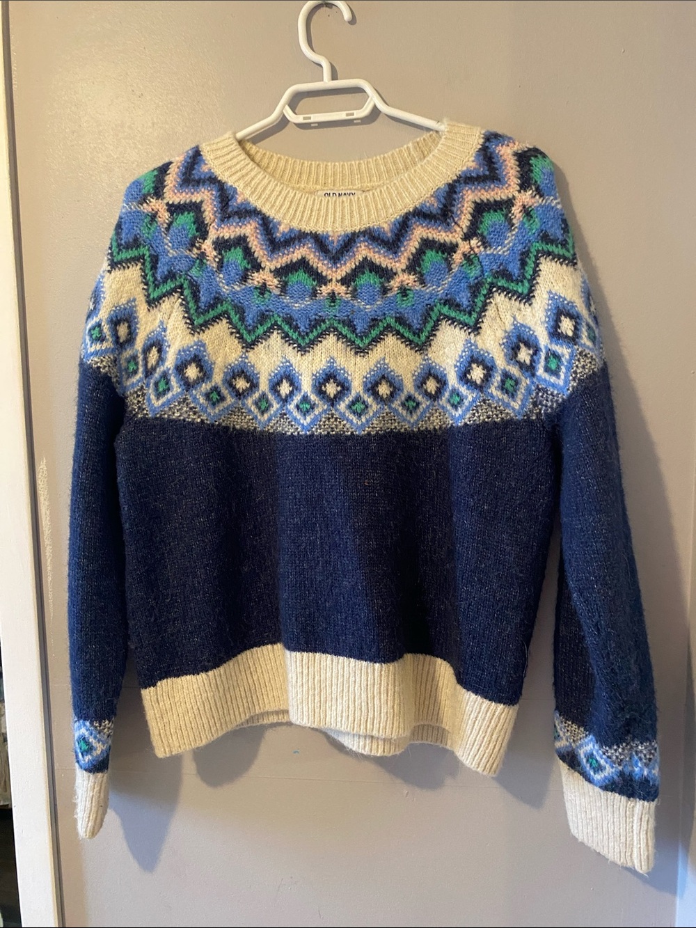 Old Navy Fair Isle Blue Cream Sweater Women’s Medium Fall Winter Cozy Farmhouse